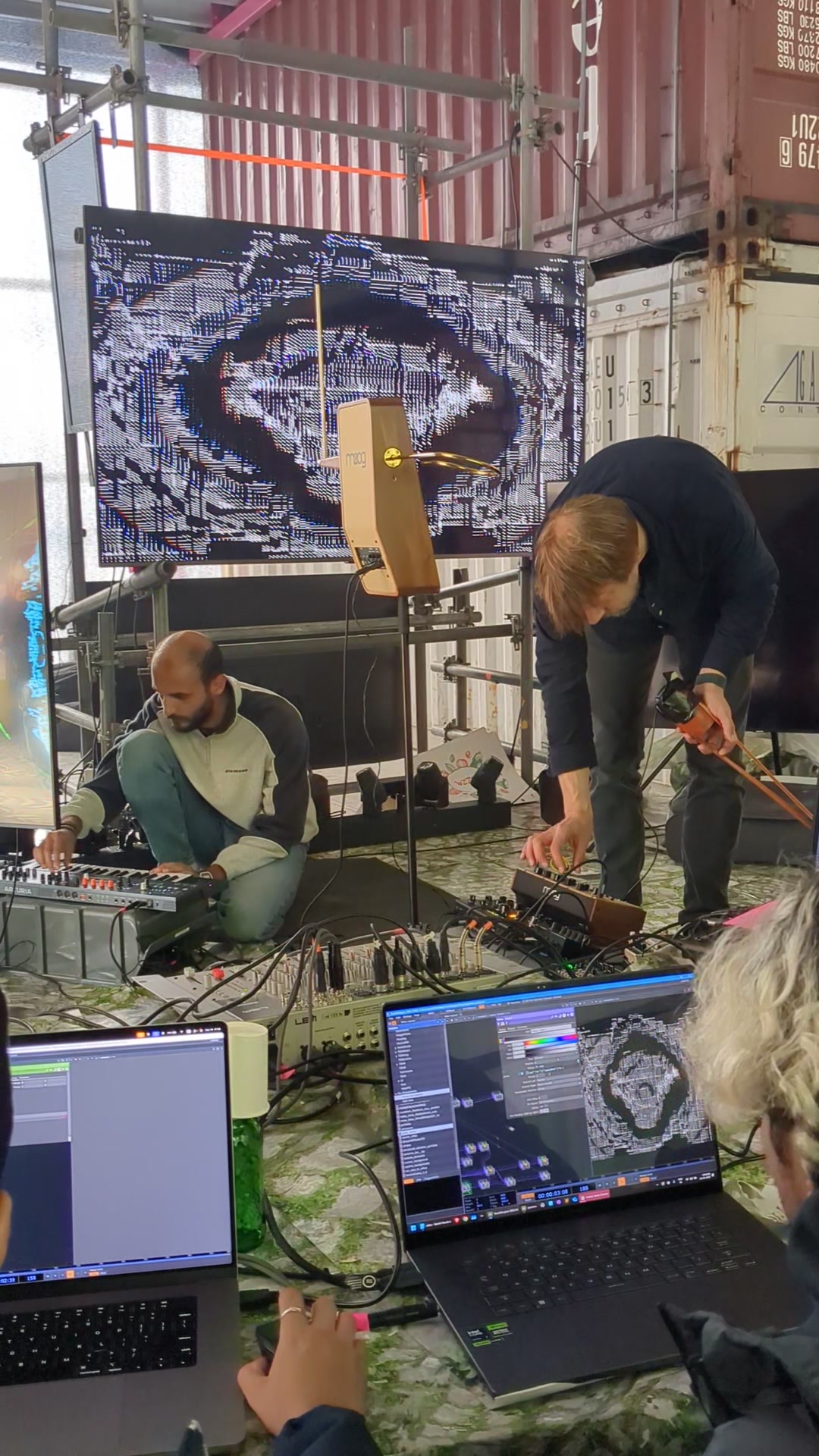 Spectral Shimmers, generative video in TouchDesigner, run live alongside the instruments. One of the parallel practices that trains a different dimension of sensitivity.